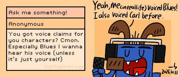 Illustration for: You got voice claims for you characters? Cmon. Especially Blues I wanna hear his voice (unless it's just yourself)