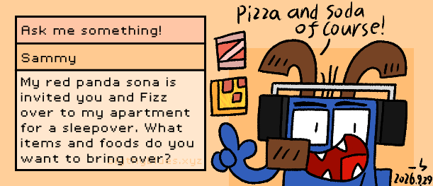 Illustration for: My red panda sona is invited you and Fizz over to my apartment for a sleepover. What items and foods do you want to bring over?